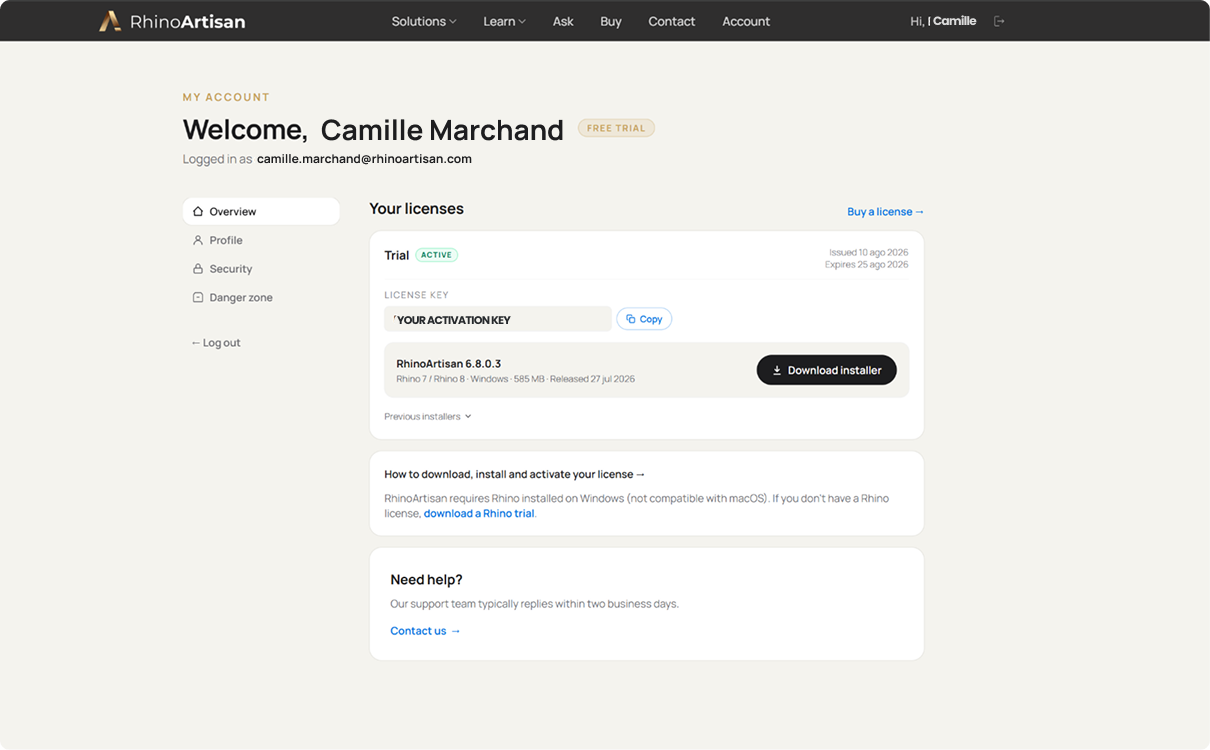 RhinoArtisan account dashboard showing the license key and the download button