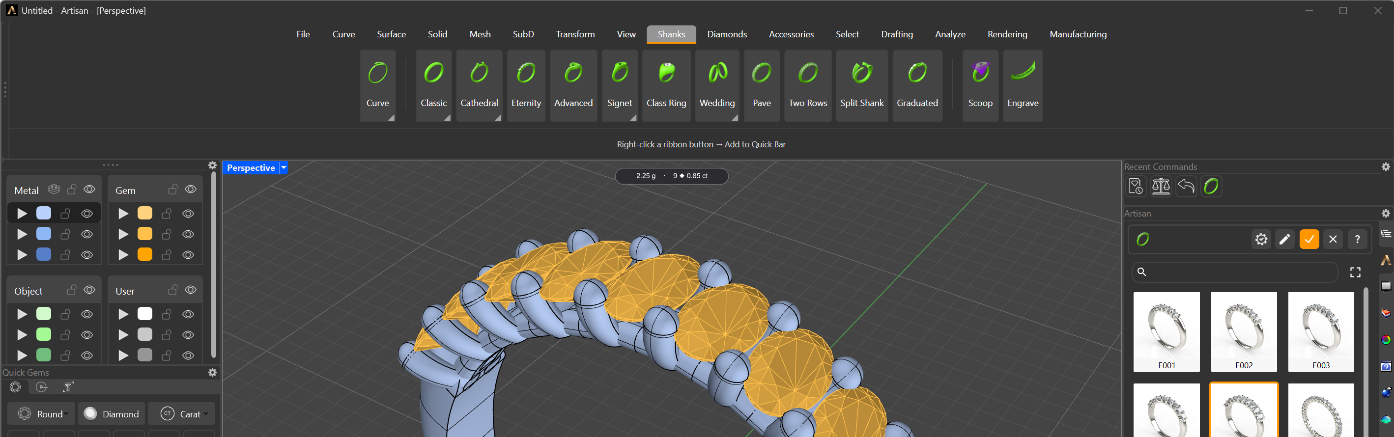 Activating a Shank command: the gallery opens in the Artisan panel and the default element appears in the viewport