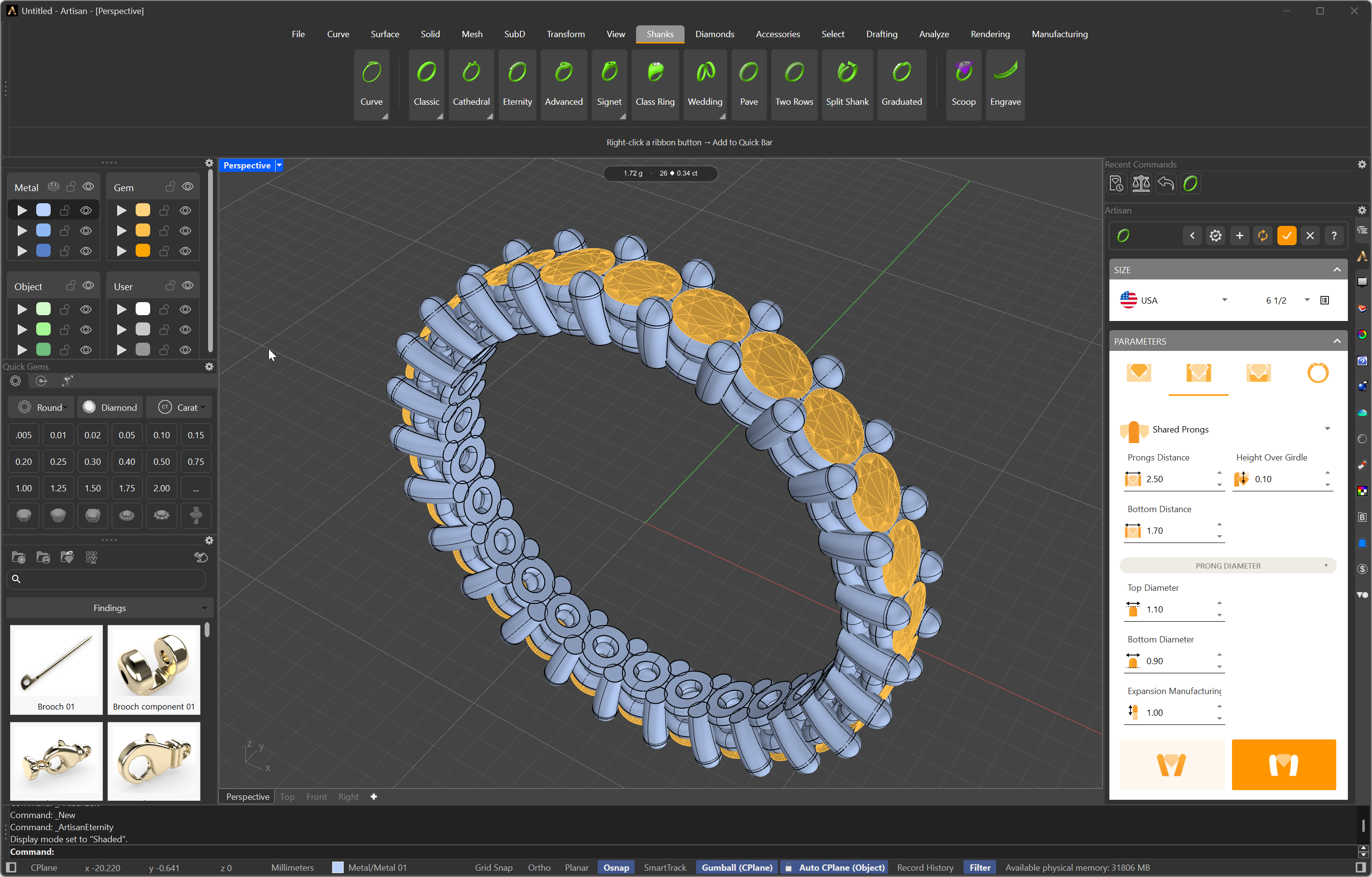 Edit mode of an element, with the full parameters panel: shared prongs, distances, diameters and manufacturing expansion