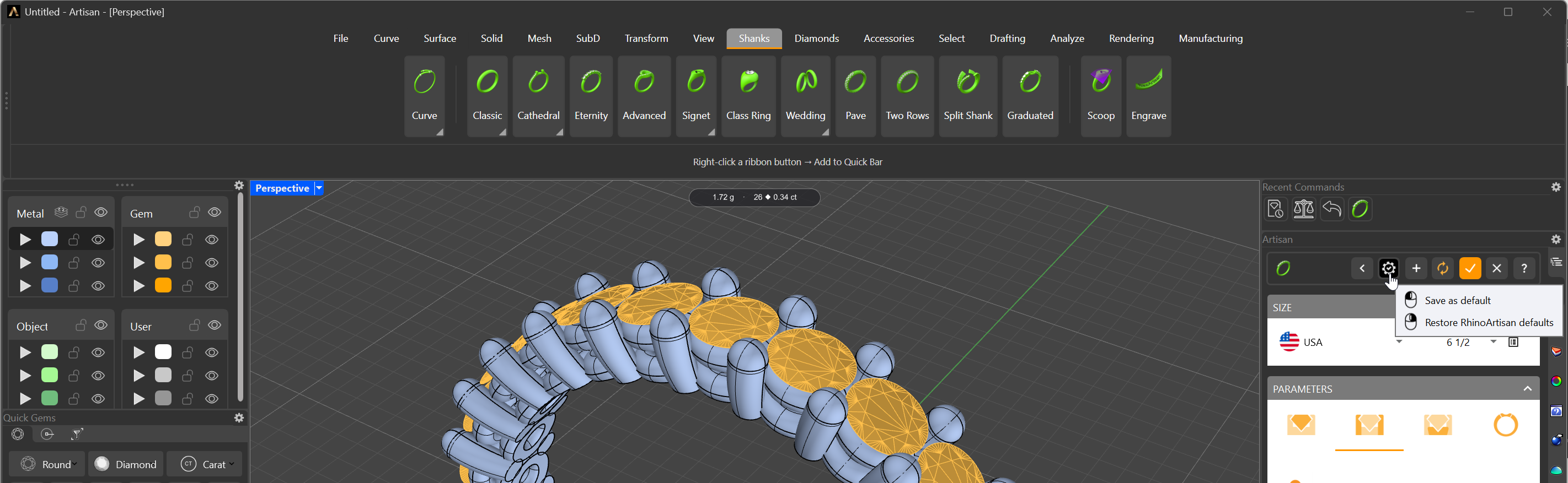 The gear icon menu in the command header, with Save as default and Restore RhinoArtisan defaults