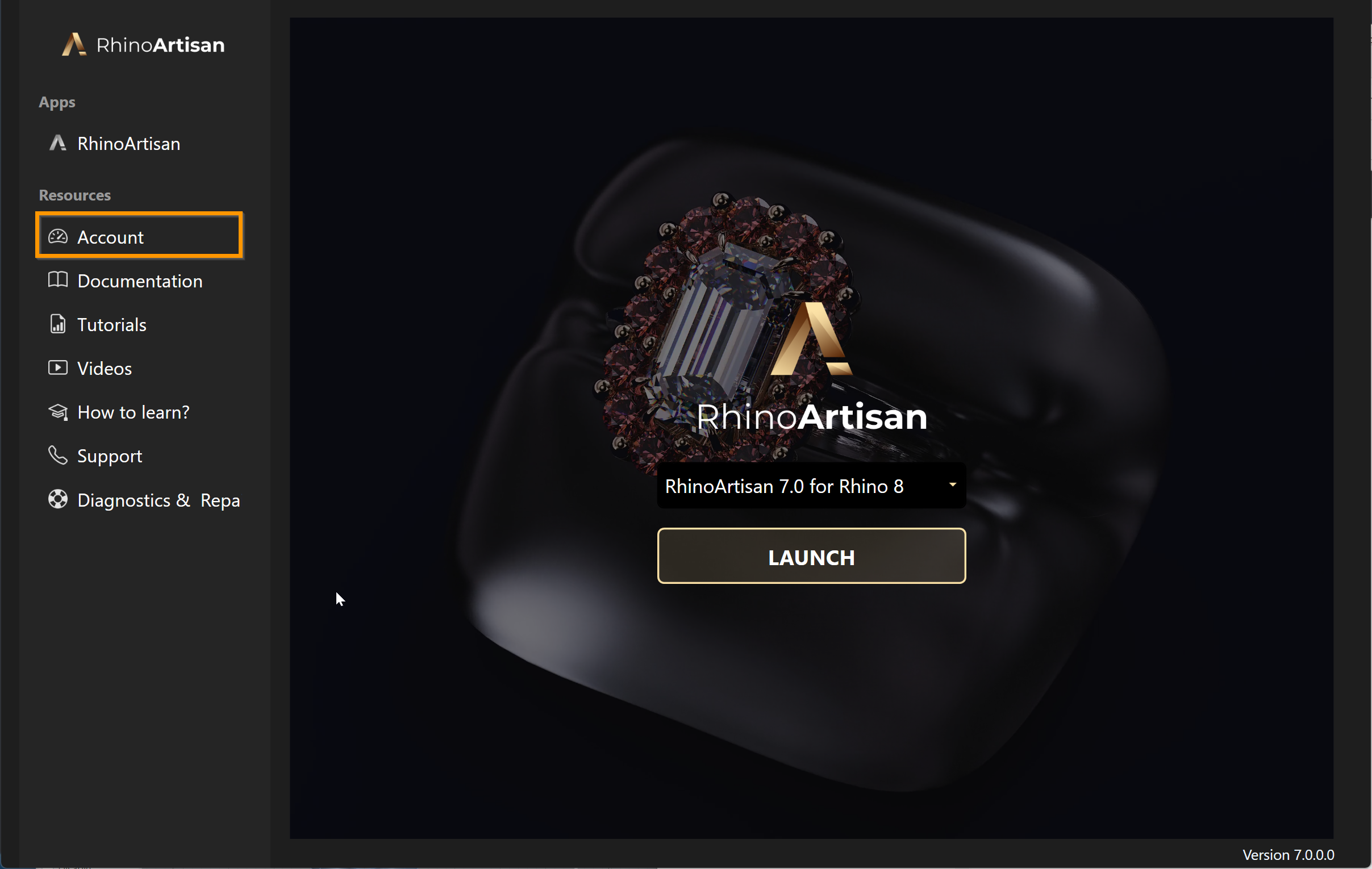 The Account entry in the Launcher sidebar