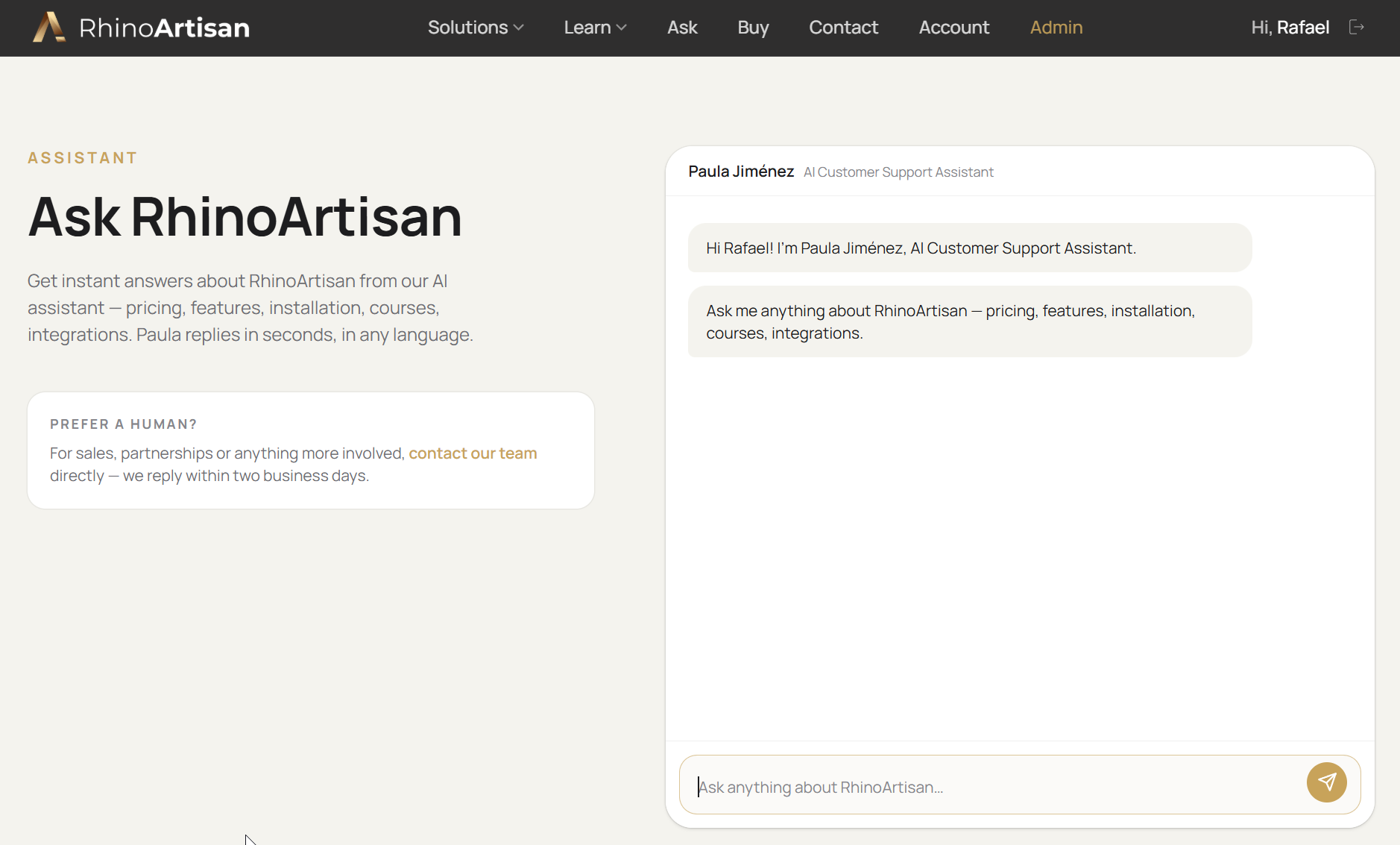 Ask RhinoArtisan, the chat with the AI assistant Paula