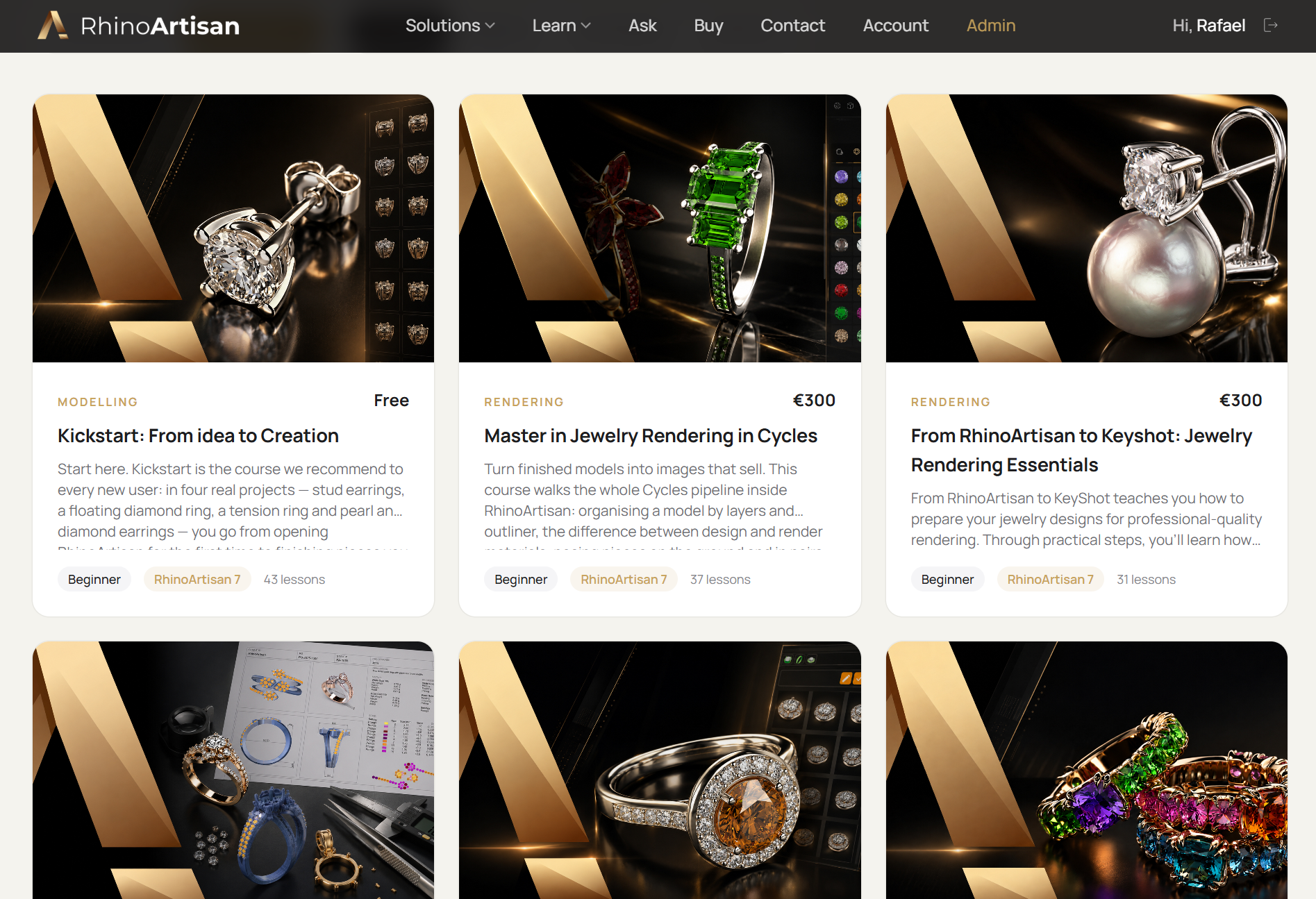 The RhinoArtisan courses page, with free and paid courses organised by level