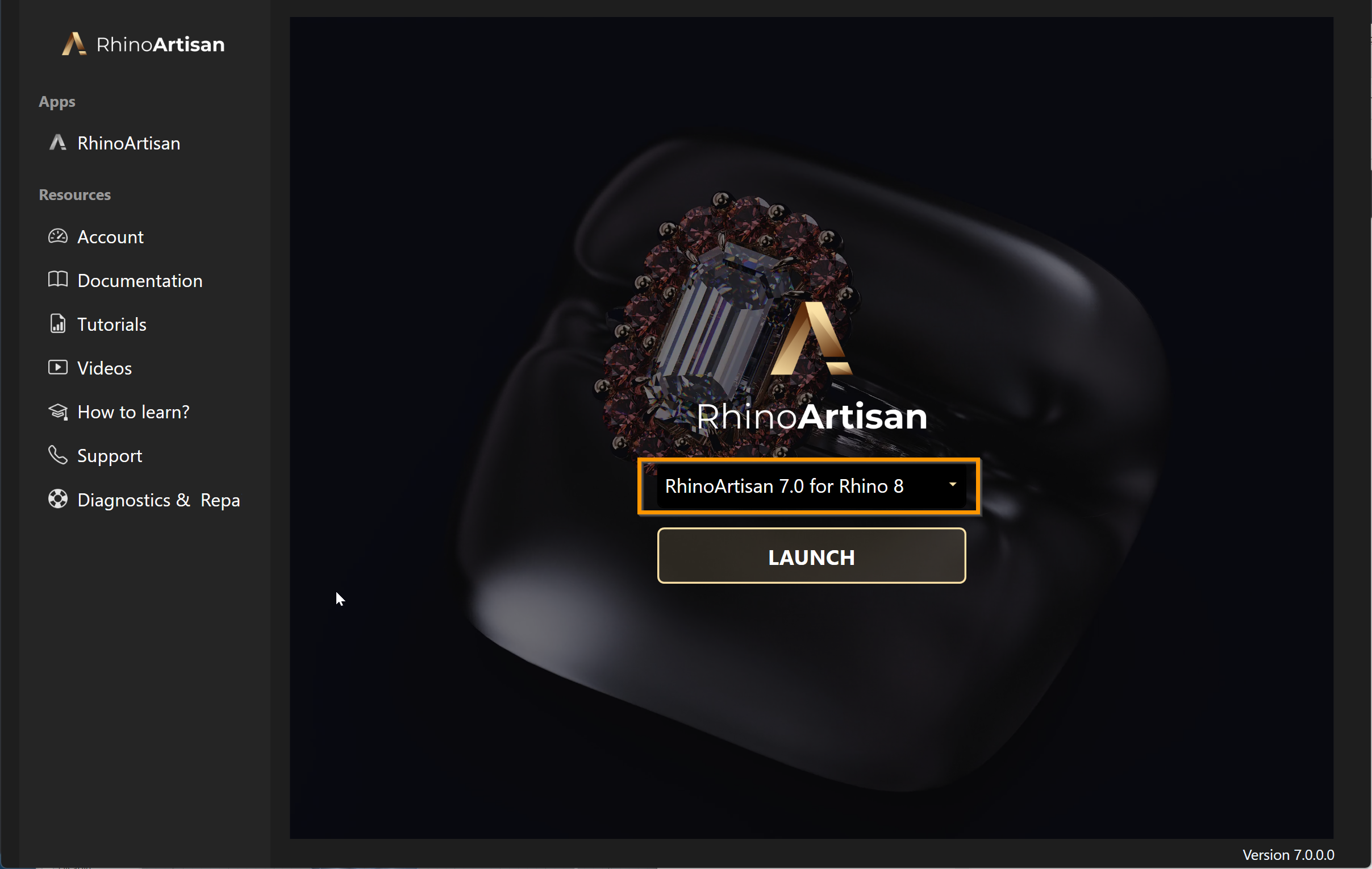 The version selector in the RhinoArtisan Launcher
