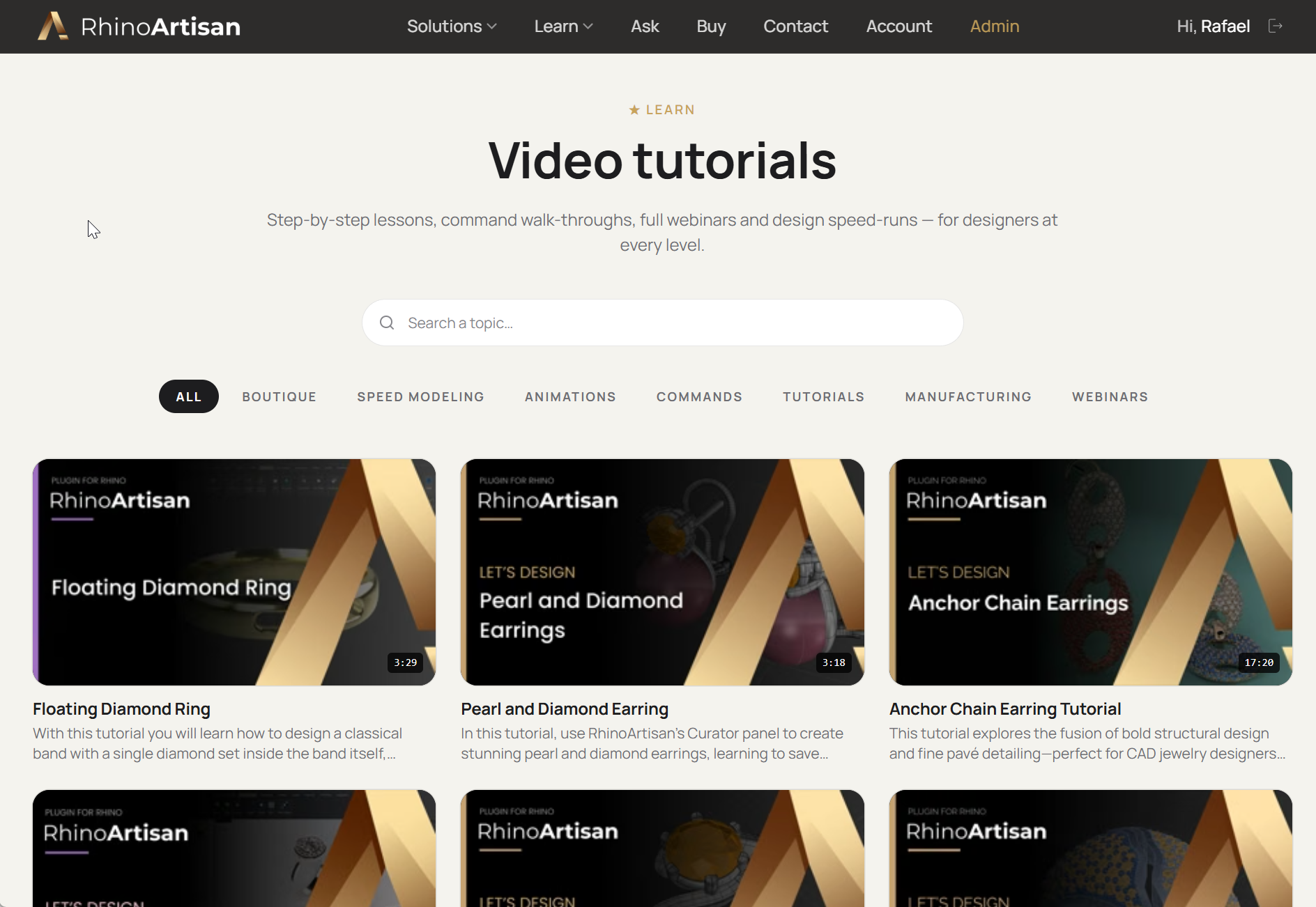 The RhinoArtisan video tutorials page, with its search box and section filters