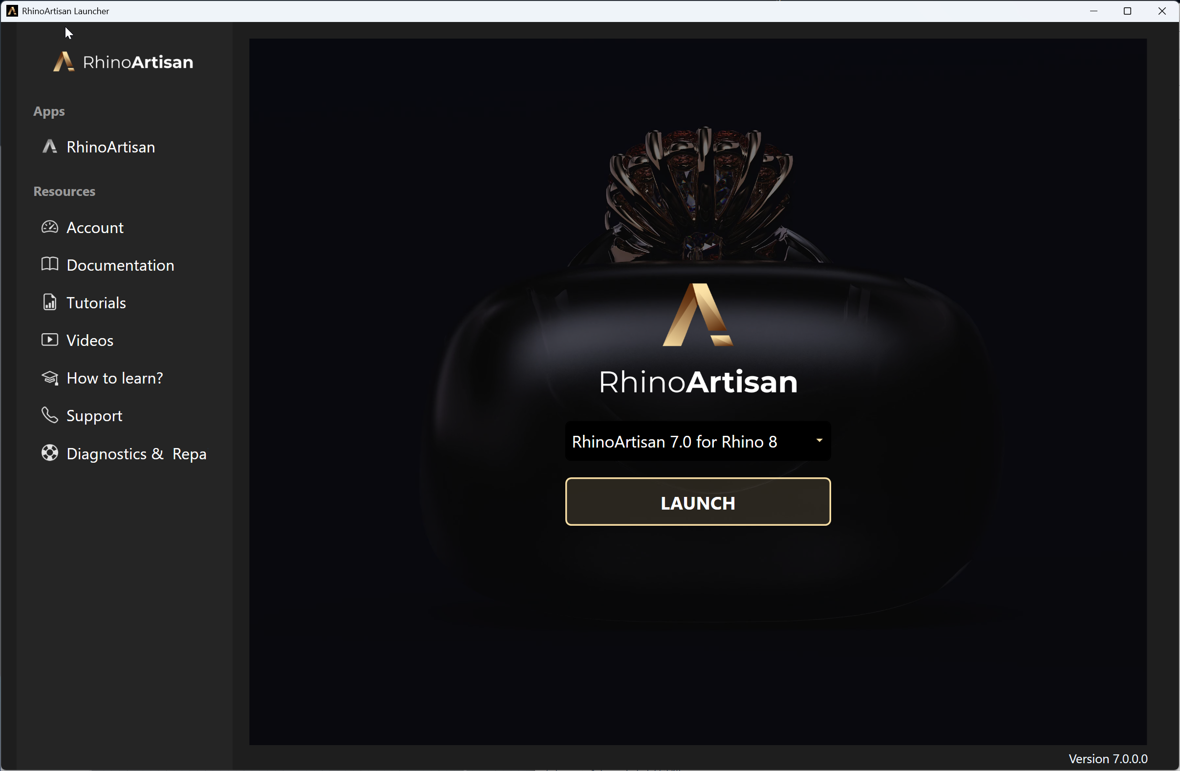 The RhinoArtisan Launcher window