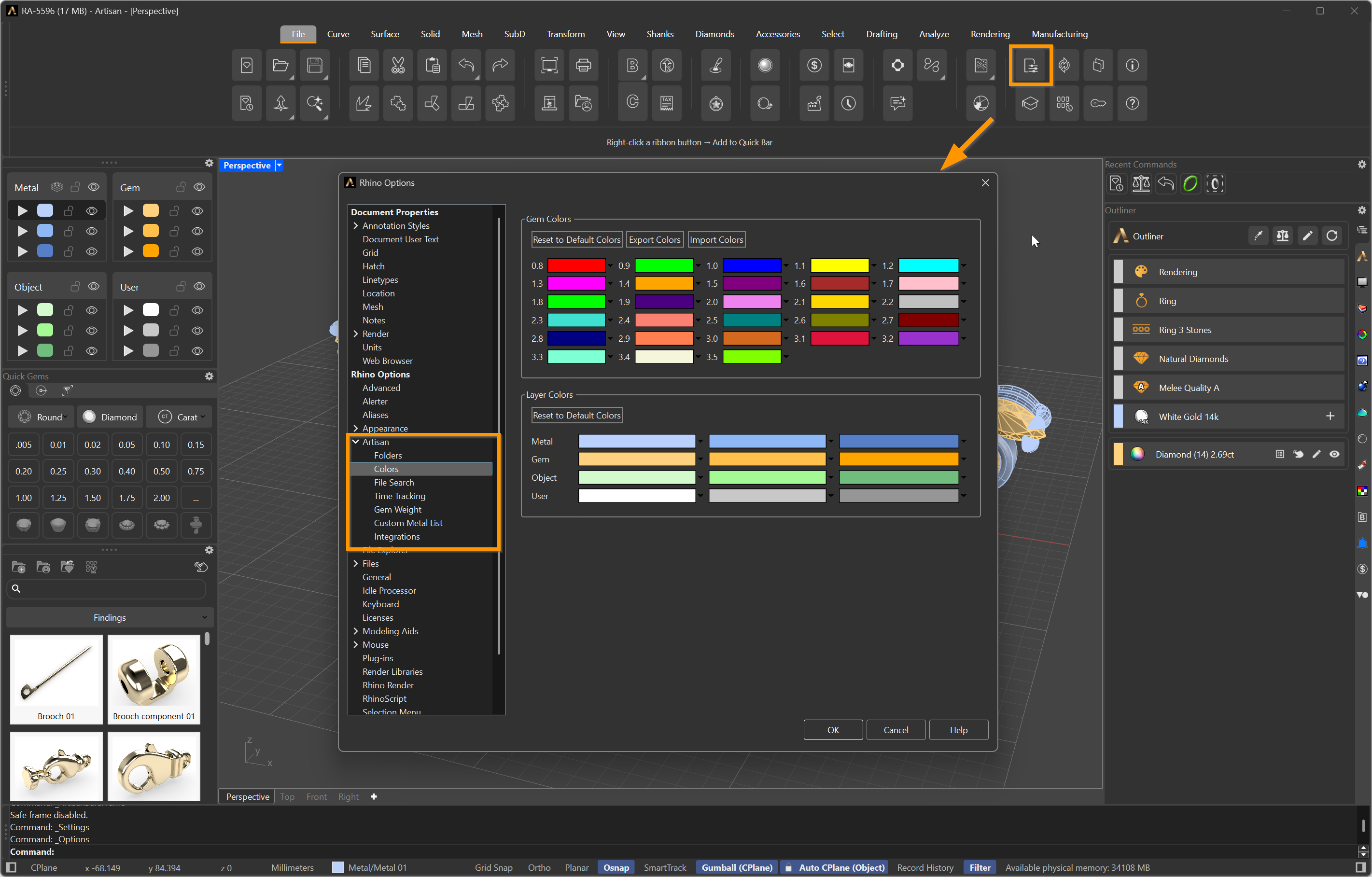Options > Artisan > Colors, with the Layer Colors table for Metal, Gem, Object and User layers