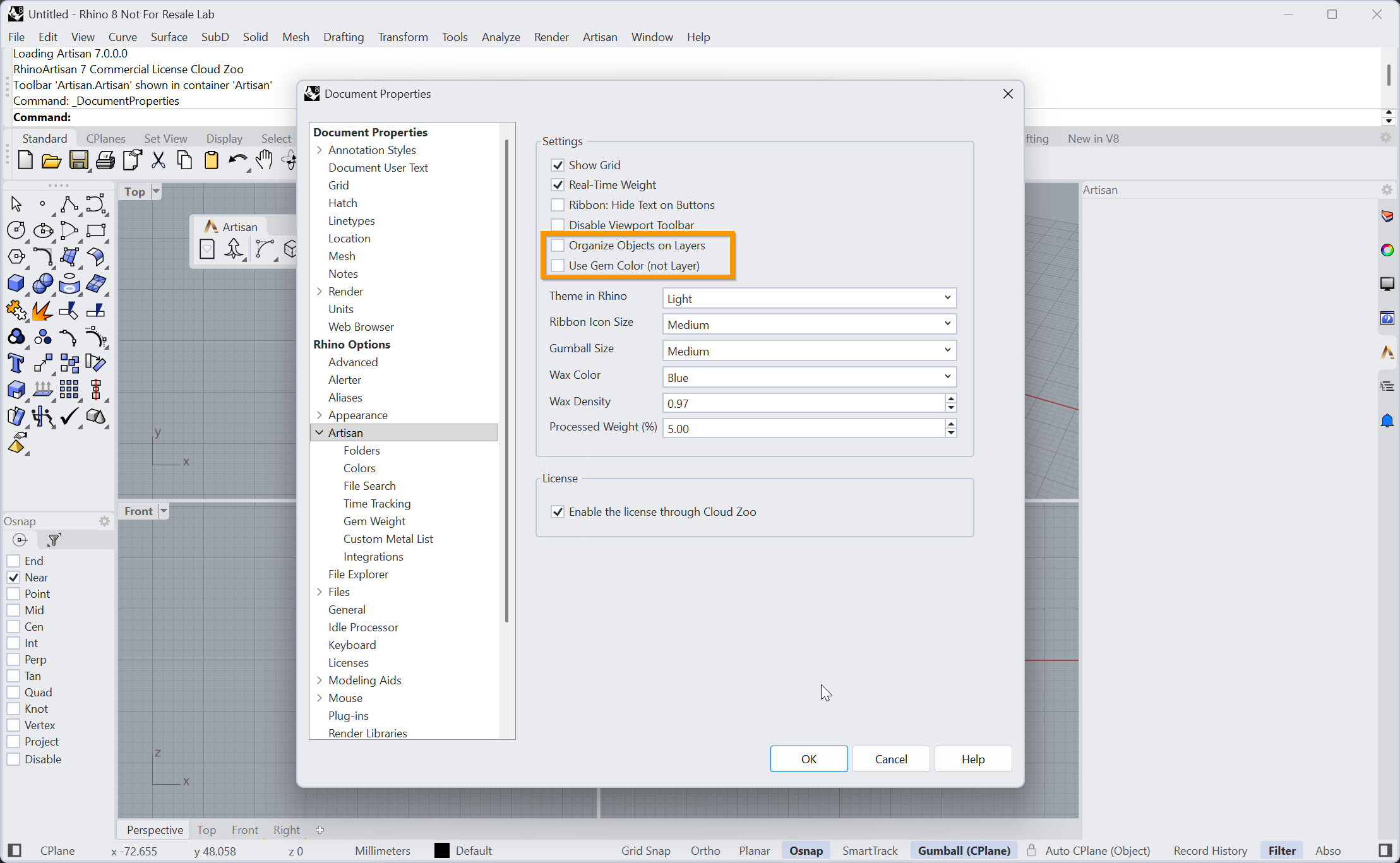 Options > Artisan in Rhino, with the Organize Objects on Layers and Use Gem Color options highlighted