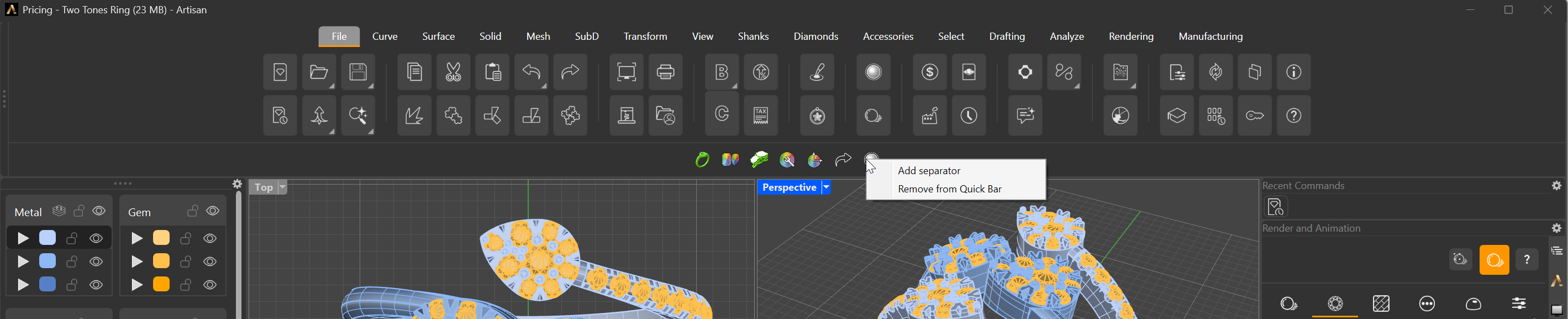 Right-clicking a Quick Bar button shows Add separator and Remove from Quick Bar