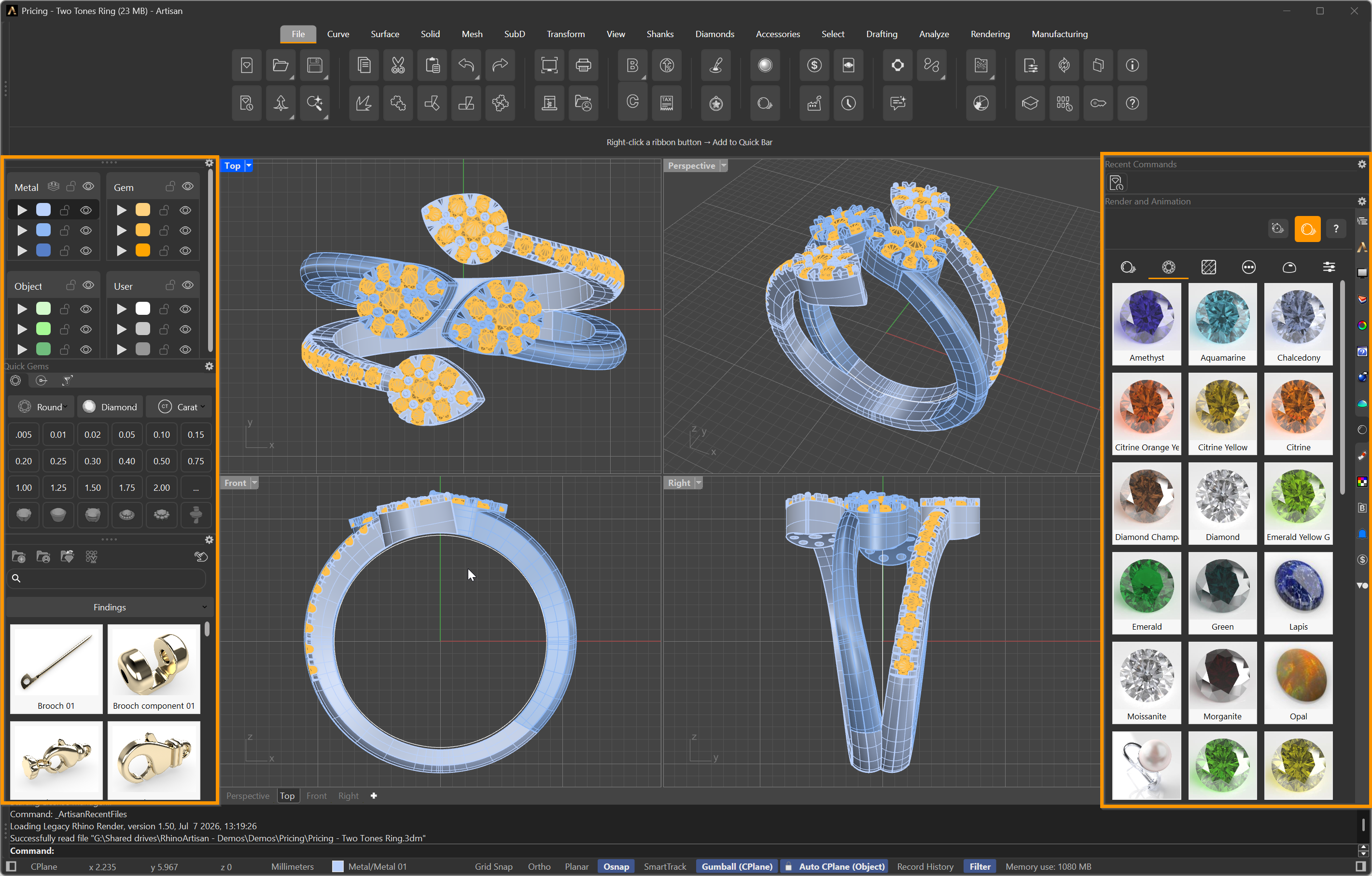 RhinoArtisan panels docked on both sides of the viewport