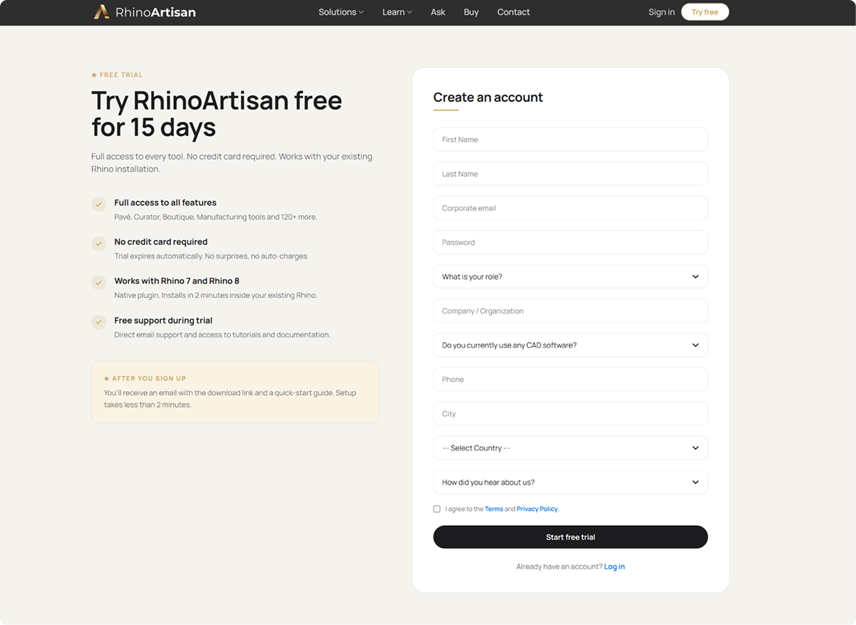 RhinoArtisan free trial sign-up form